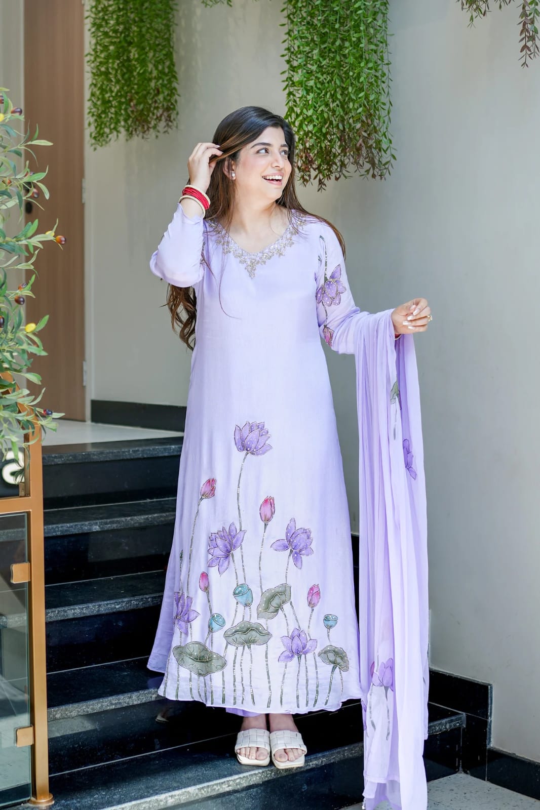 Lavender Lotus Handwork A-Line Kurta Set beautifully Hand Work