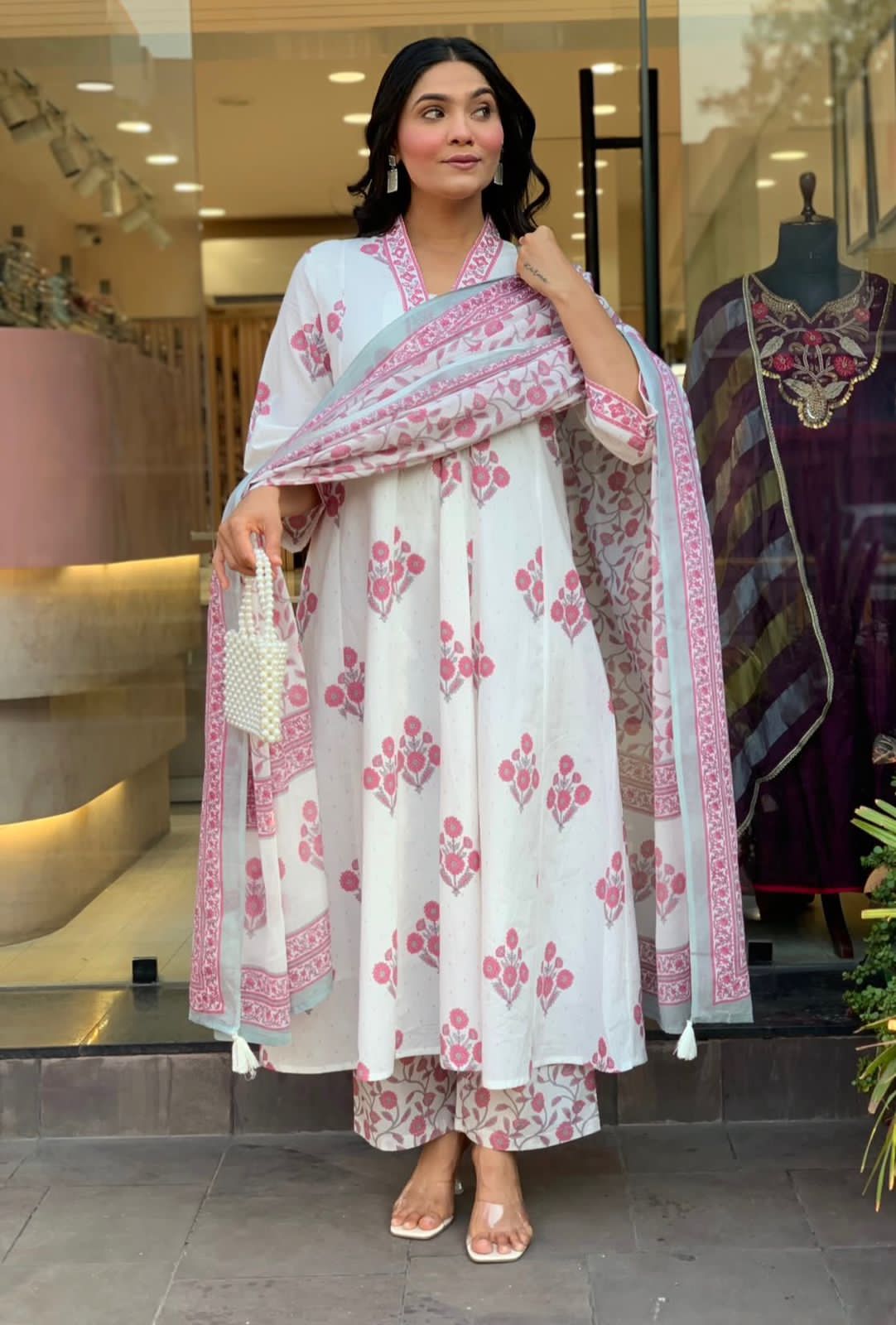 Wiora White Mulmul Cotton Printed Kurti Set with Dupatta & Pant