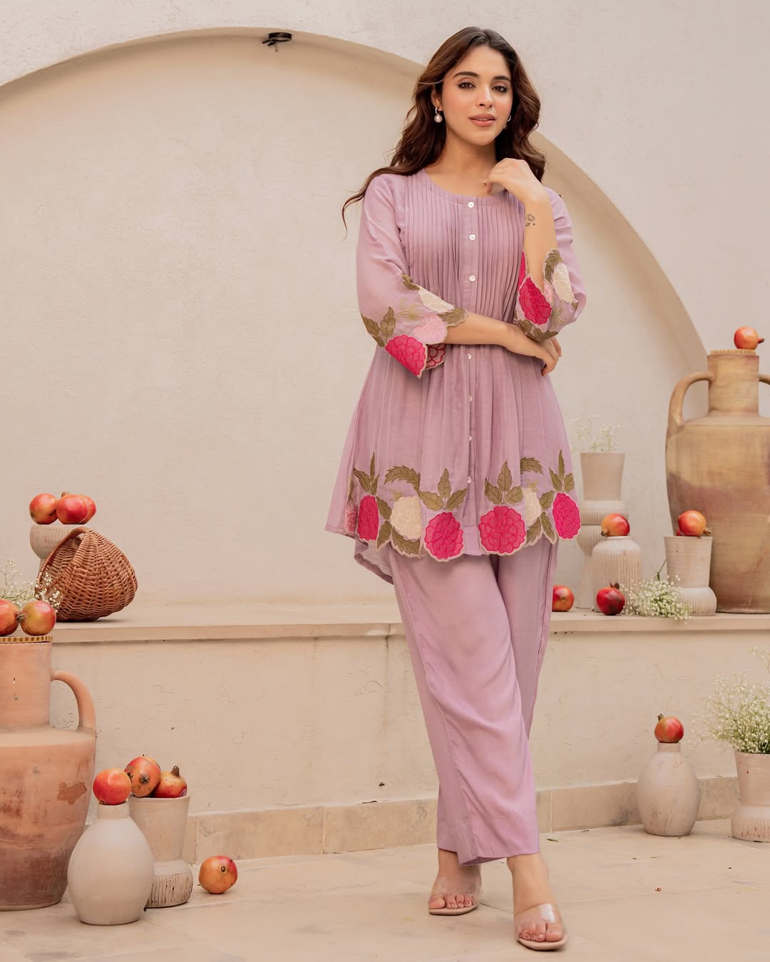 Lavender Elegance Mul Chanderi Embroidered Cutwork Cord Set