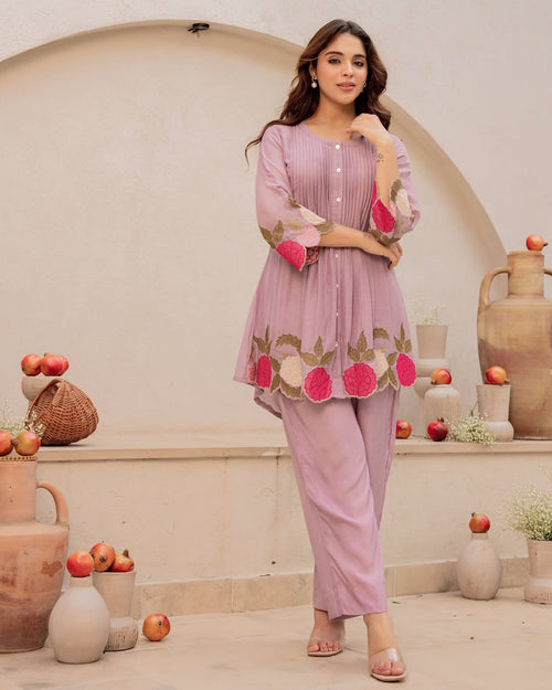Lavender Elegance Mul Chanderi Embroidered Cutwork Cord Set