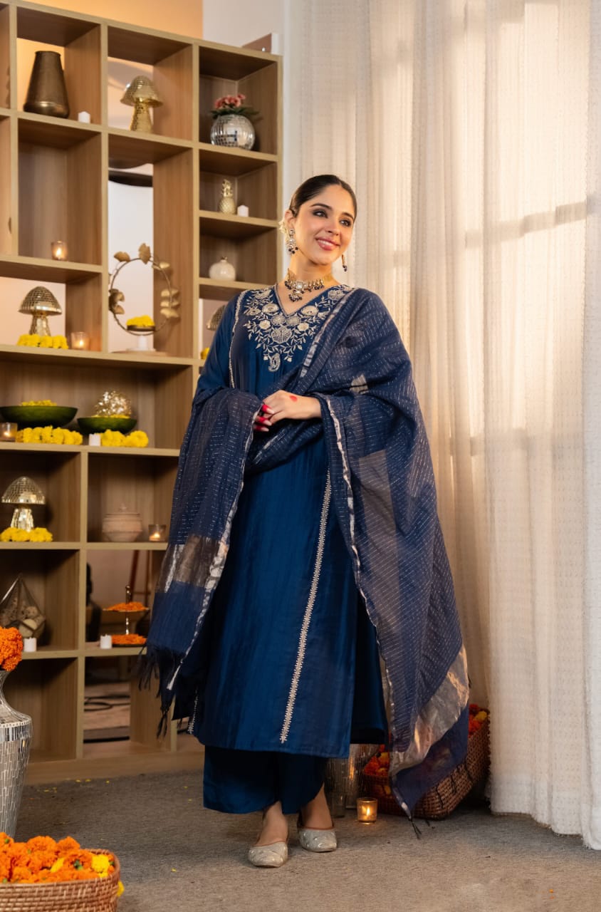Luxury Navy Blue Hand-Embroidered Pure Satori Silk Kurta with Silk Pants & Pure Zari Banarasi Dupatta