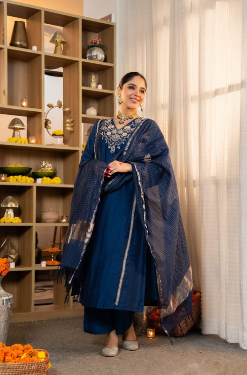 Luxury Navy Blue Hand-Embroidered Pure Satori Silk Kurta with Silk Pants & Pure Zari Banarasi Dupatta