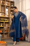 Luxury Navy Blue Hand-Embroidered Pure Satori Silk Kurta with Silk Pants & Pure Zari Banarasi Dupatta