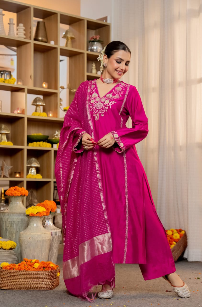 Luxury Pure Satori Silk Kurta Suit Set with Intricate Embroidery, Bottoms & Banarasi Zari Dupatta