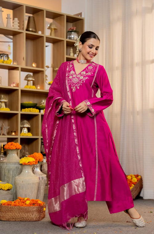 Luxury Pure Satori Silk Kurta Suit Set with Intricate Embroidery, Bottoms & Banarasi Zari Dupatta