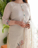 Sophisticated Off-White Lilan Three-Piece Ethnic Set with Intricate Floral Motifs & Airy Dupatta