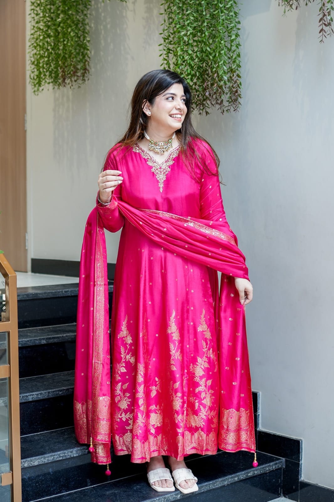 Wiora Premium Banarasi Maslin Anarkali Ensemble with Heavy Handwork Neck & Elegant Zari Flare