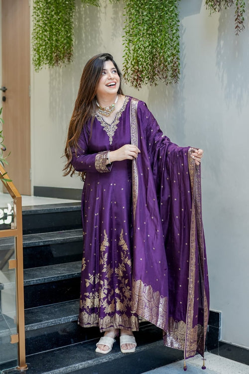 Wiora Festive Luxe Fuchsia Anarkali Suit Set in  Maslin Silk with Intricate Handwork & Banarasi Weaving