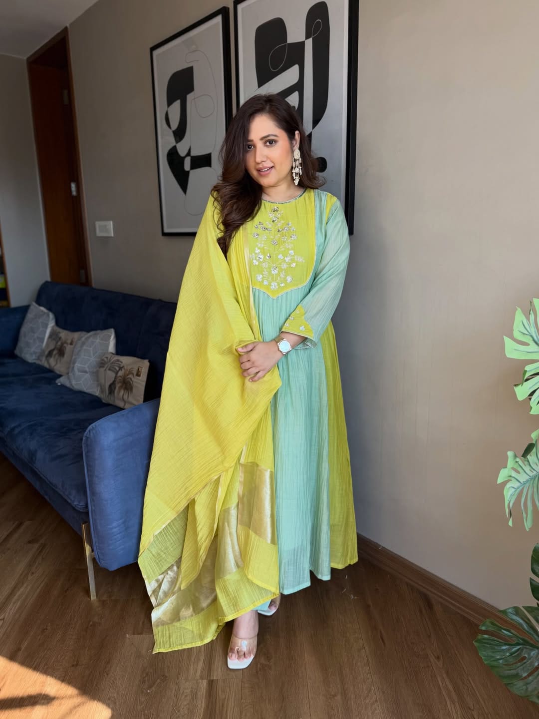 Lime Mint Embroidered Anarkali Suit Set with Dupatta