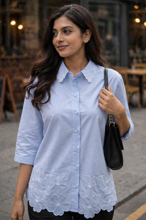 WIORA Women’s Beautiful  Embroidery Shirt with Scalloped Collar for Modern Fashion
