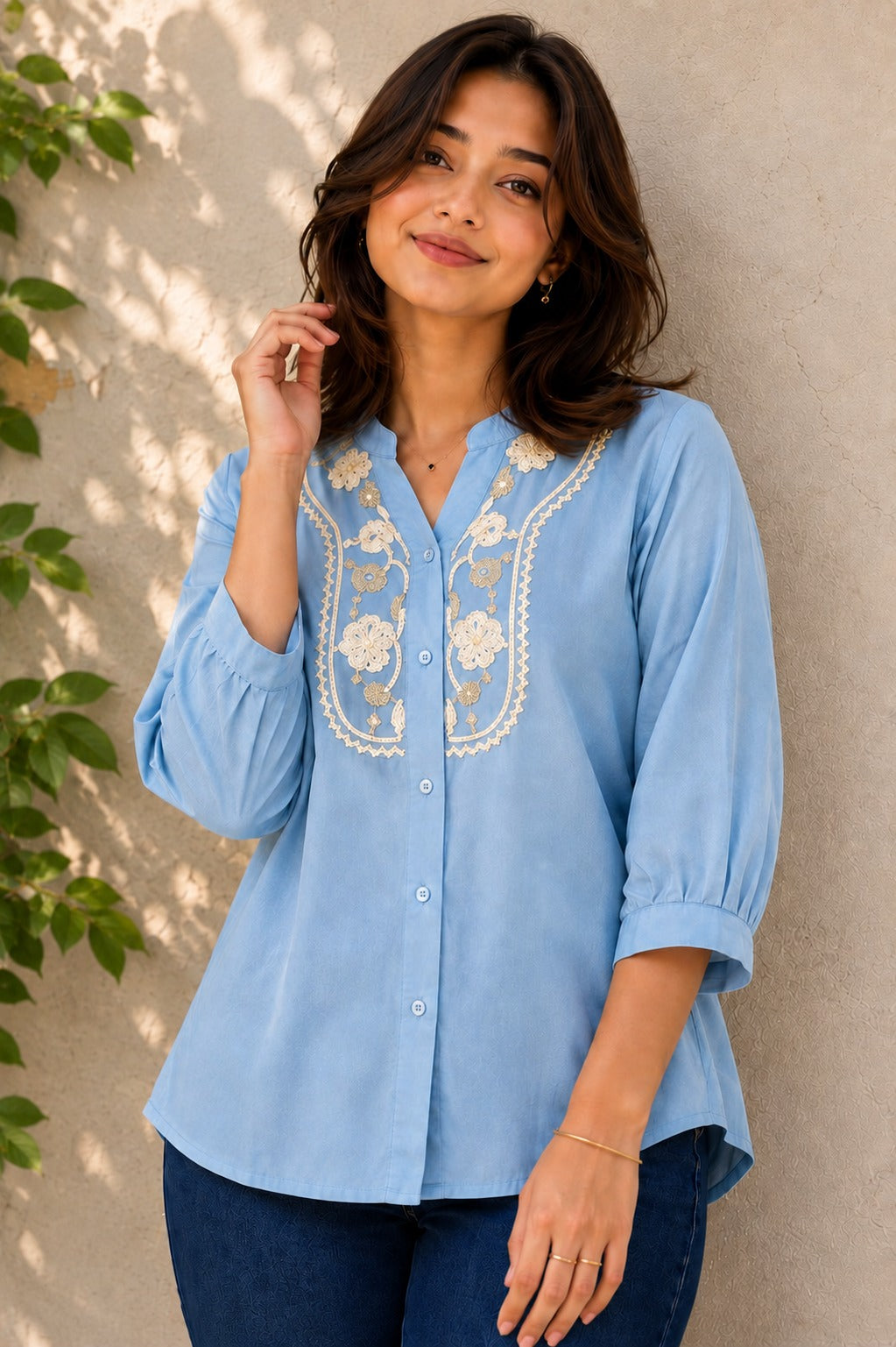 Wiora Women’s Sky Blue Floral Embroidered  Collar Shirt