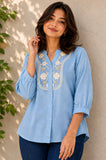 Wiora Women’s Sky Blue Floral Embroidered  Collar Shirt