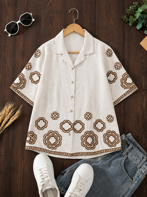 Wiora Cream Embroidered Shirt with Palm Tree Motif