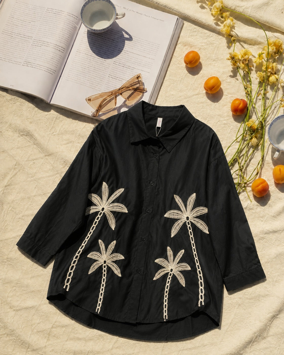Black Embroidered Shirt with Palm Tree Motif