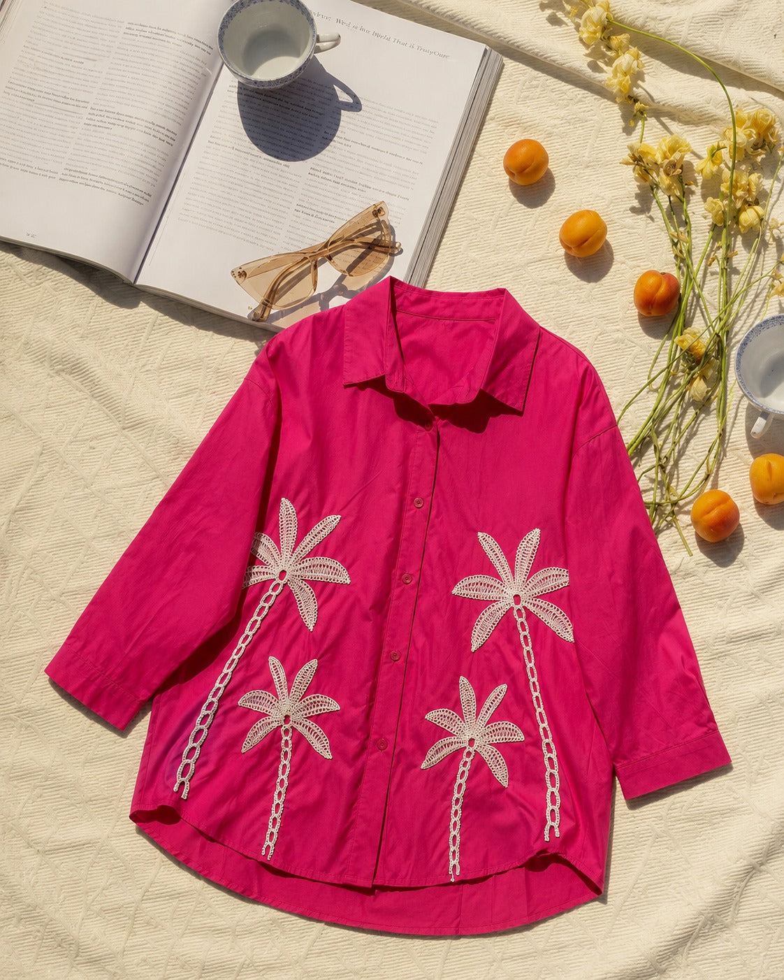 Fuchsia Pink Embroidered Shirt with Palm Tree Motif