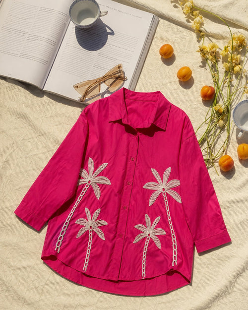 Fuchsia Pink Embroidered Shirt with Palm Tree Motif