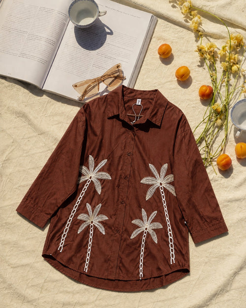 Chocolate Brown Embroidered Shirt with Palm Tree Motif