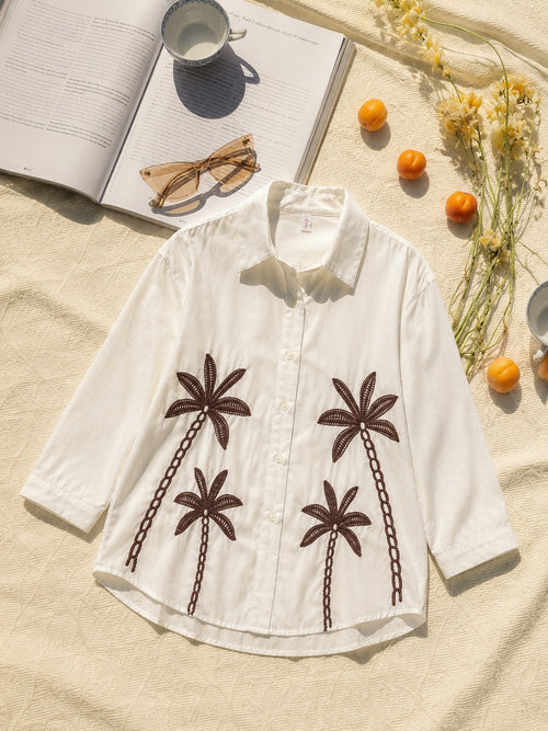 Ivory White Embroidered Shirt with Palm Tree Motif