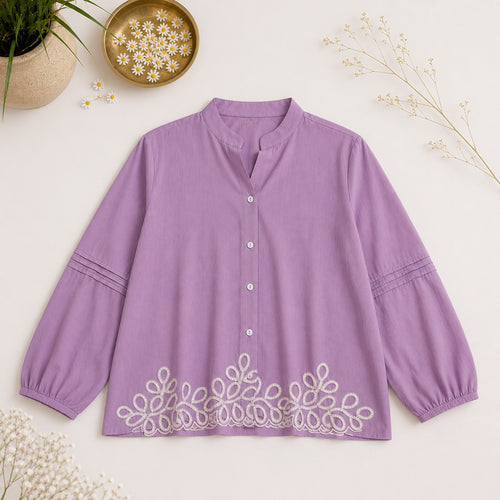 Wiora Mauve Embroidered Button-Down Shirt – Elegant Floral Hem Detail