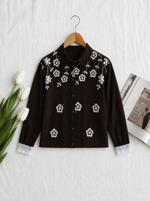 Stylish Brown Floral Printed Top with Lace Accents