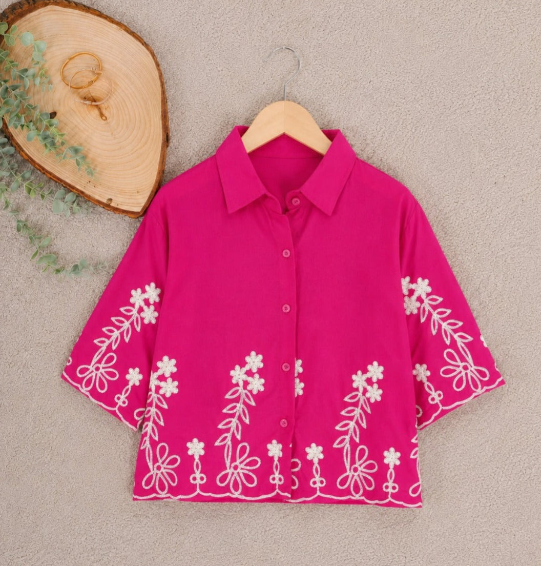 Fuchsia Pink Embroidered Short Shirt