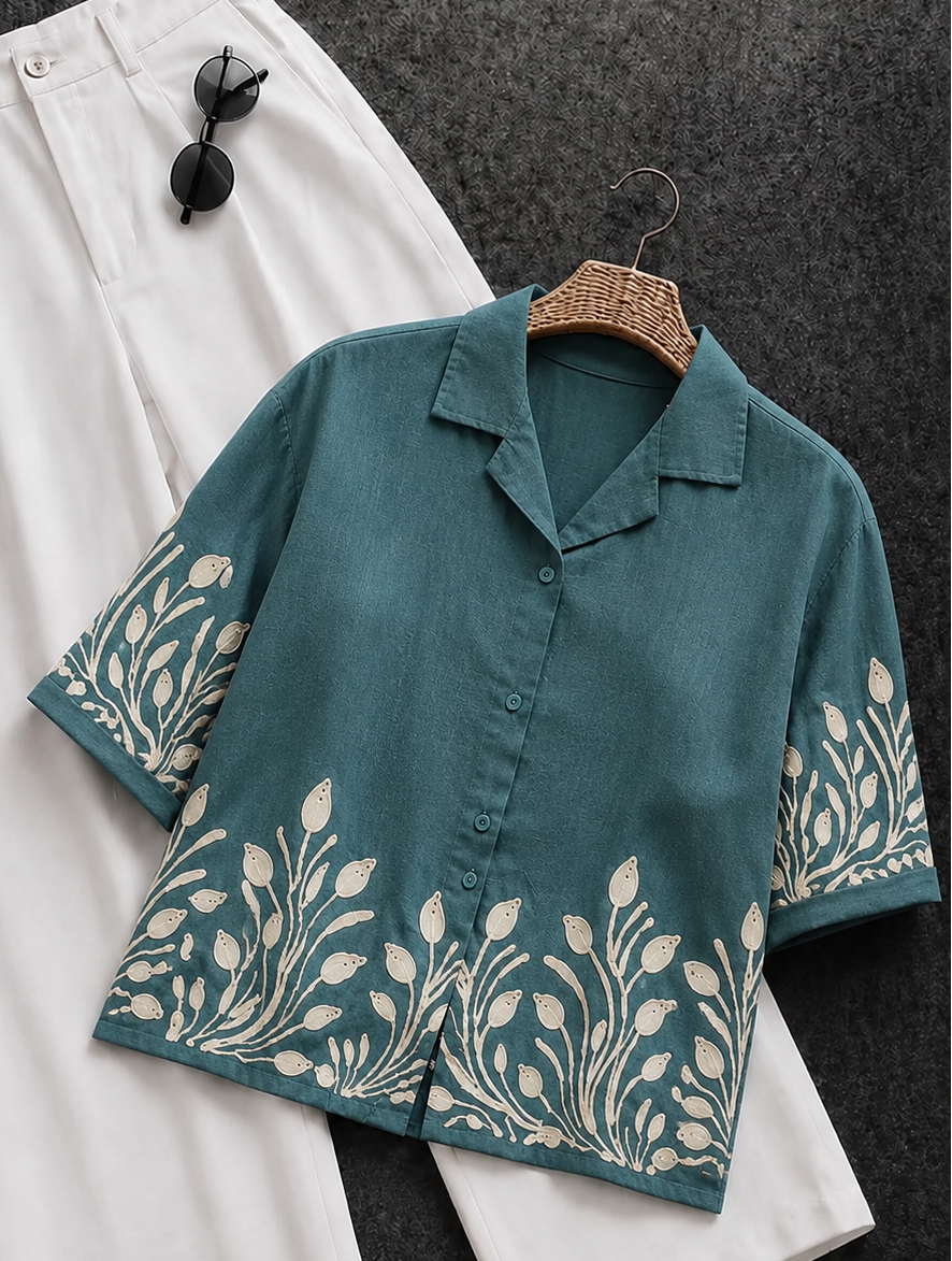 Wiora Forest Green Leaf Embroidered Shirt – Elegant Short Sleeve Button-Down Top