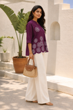 Women's Royal Plum Floral Embroidered Rayon Cotton Casual Shirt
