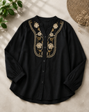 Wiora Women’s Black Floral Embroidered  Collar Shirt