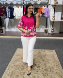 Wiora Fuchsia Pink Floral Embroidered Shirt – Elegant Short Sleeve Button-Down shir