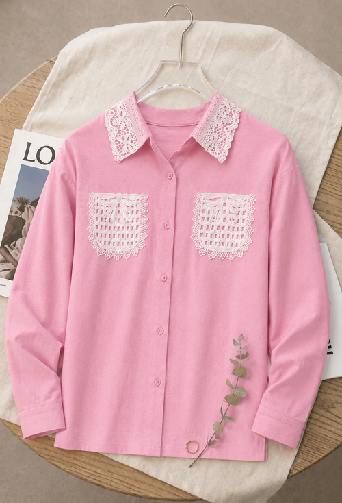 Classic Light Pink Pocket Shirt with White Lace Detailing