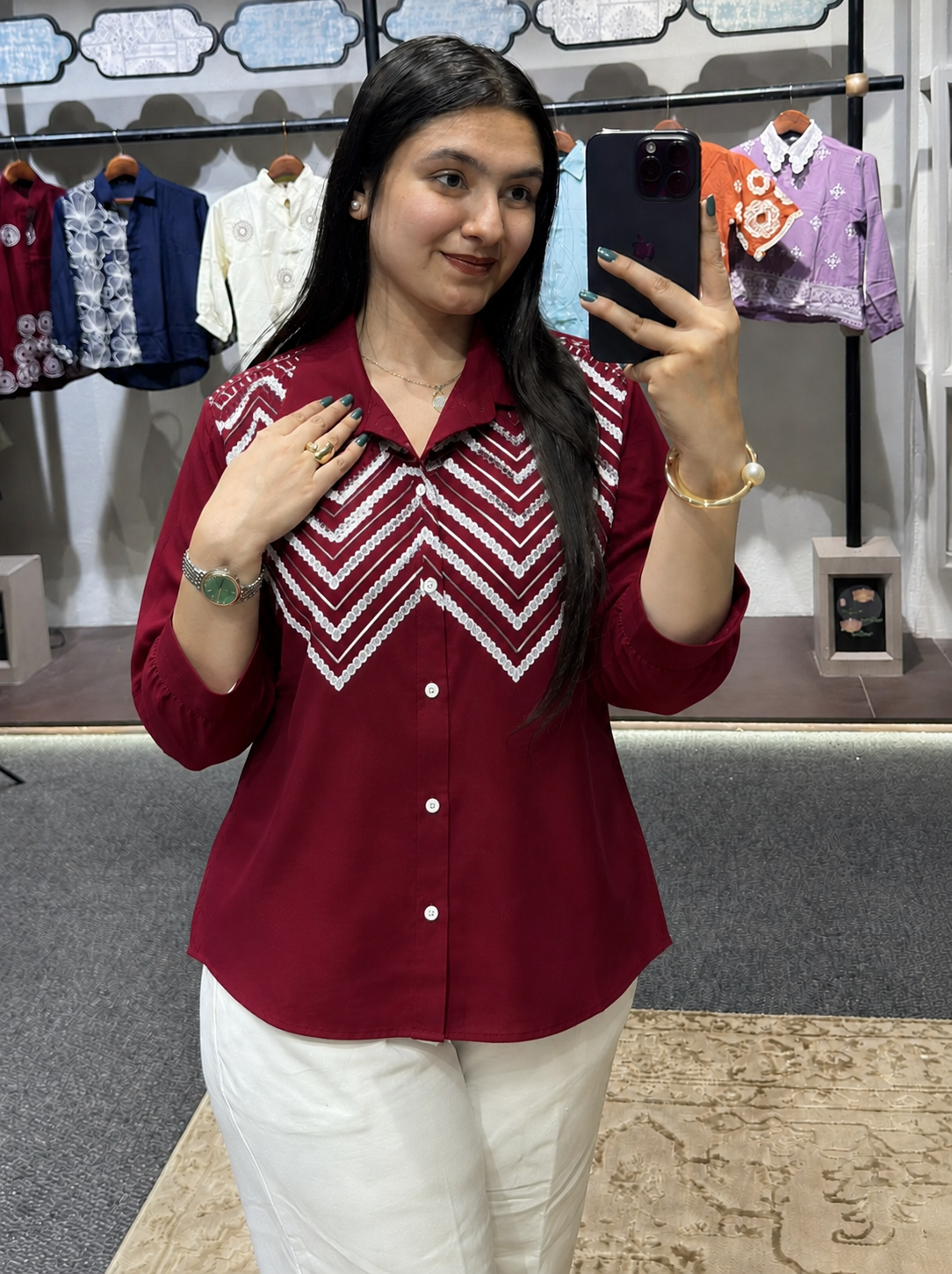 Wiora Maroon Embroidered Shirt with Palm Tree Motif