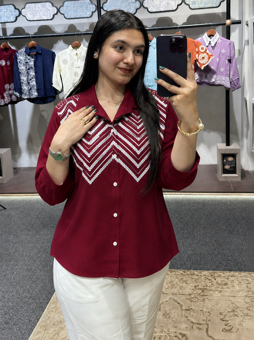 Wiora Maroon Embroidered Shirt with Palm Tree Motif