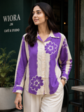WIORA Women’s Purple & Cream Floral Embroidered Shirt – Stylish Full Sleeve Casual Shirt with Collar Neck, Button Front & Elegant Contrast Design