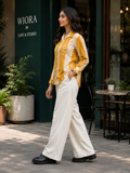 WIORA Women’s Mustard Yellow & Cream Floral Shirt – Elegant Full Sleeve Button-Down Designer Shirt with Contrast Panels, Floral Detailing & Classic Collar
