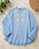Wiora Women’s Sky Blue Floral Embroidered  Collar Shirt