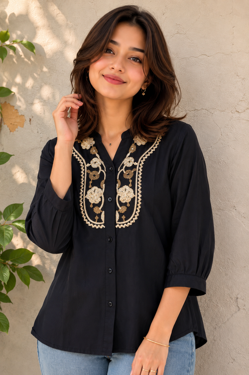 Wiora Women’s Black Floral Embroidered  Collar Shirt
