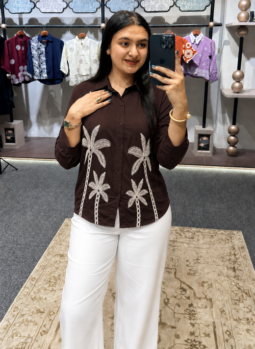 Chocolate Brown Embroidered Shirt with Palm Tree Motif