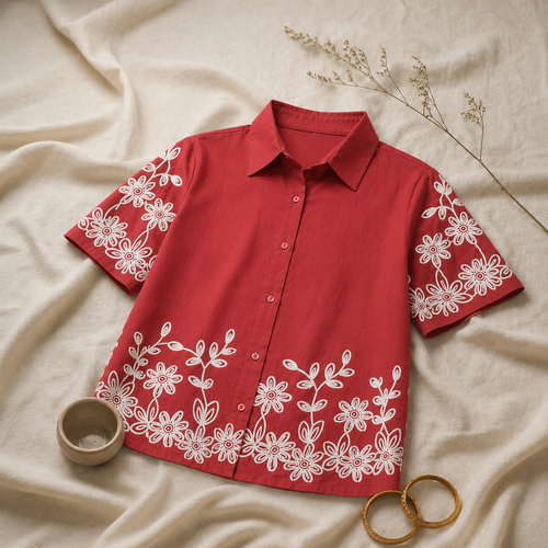 Wiora Coral Red Floral Embroidered Shirt – Elegant Short Sleeve Button-Down Top