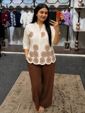 Elegant Cream Floral Embroidered Mandarin Collar Shirt