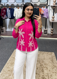 Fuchsia Pink Embroidered Shirt with Palm Tree Motif