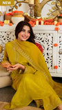 Mustard Yellow Viscose Satin Suit Set with Premium Organza Dupatta