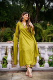 Lemon Yellow Chanderi Silk Suit Set with Embroidered Organza Dupatta