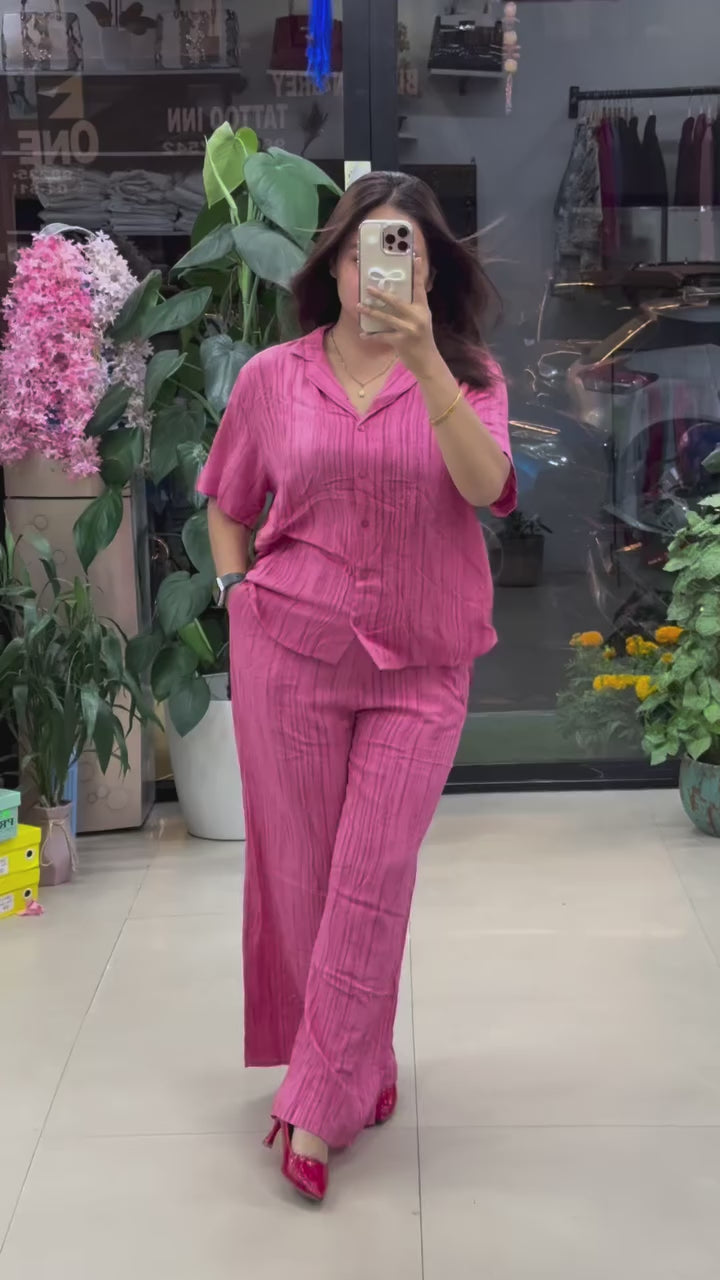 Stylish Pink Cotton Mix Linen Co-Ord Set with Minimal Solid Finish Relaxed Shirt and Loose Straight Fit Pants