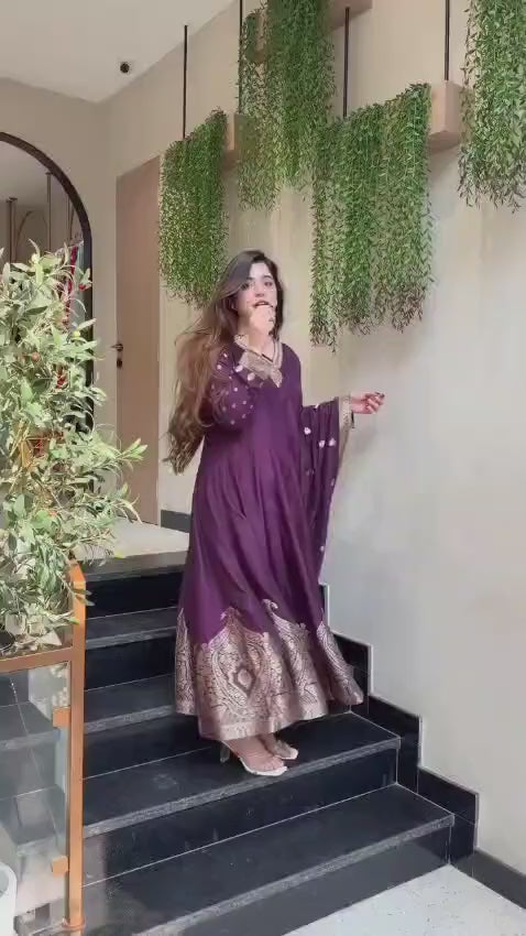 Graceful Purple Wedding Wear Anarkali Set with Heavy Embroidery & Zari Weaving