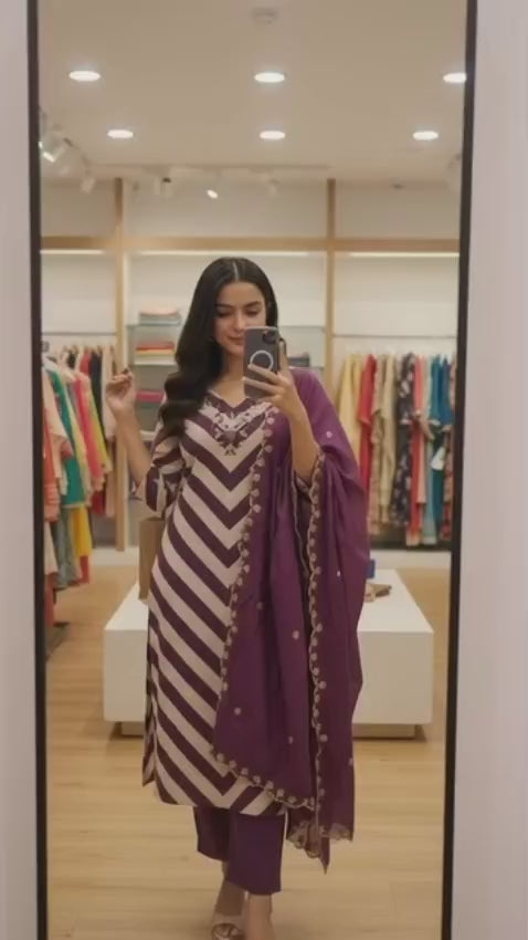 Elegant Purple Stripe Kurta Set with Heavy Embroidery Dupatta