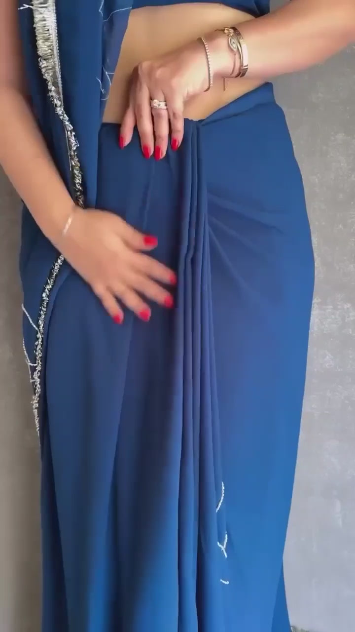 Royal Navy Blue Embroidered Satin Silk Saree with Blouse