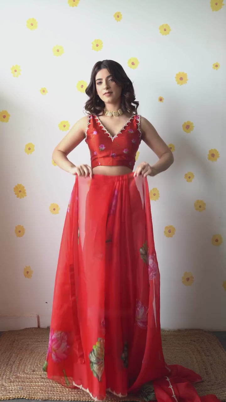 Red Organza Silk Saree Floral Embroidery With Blouse