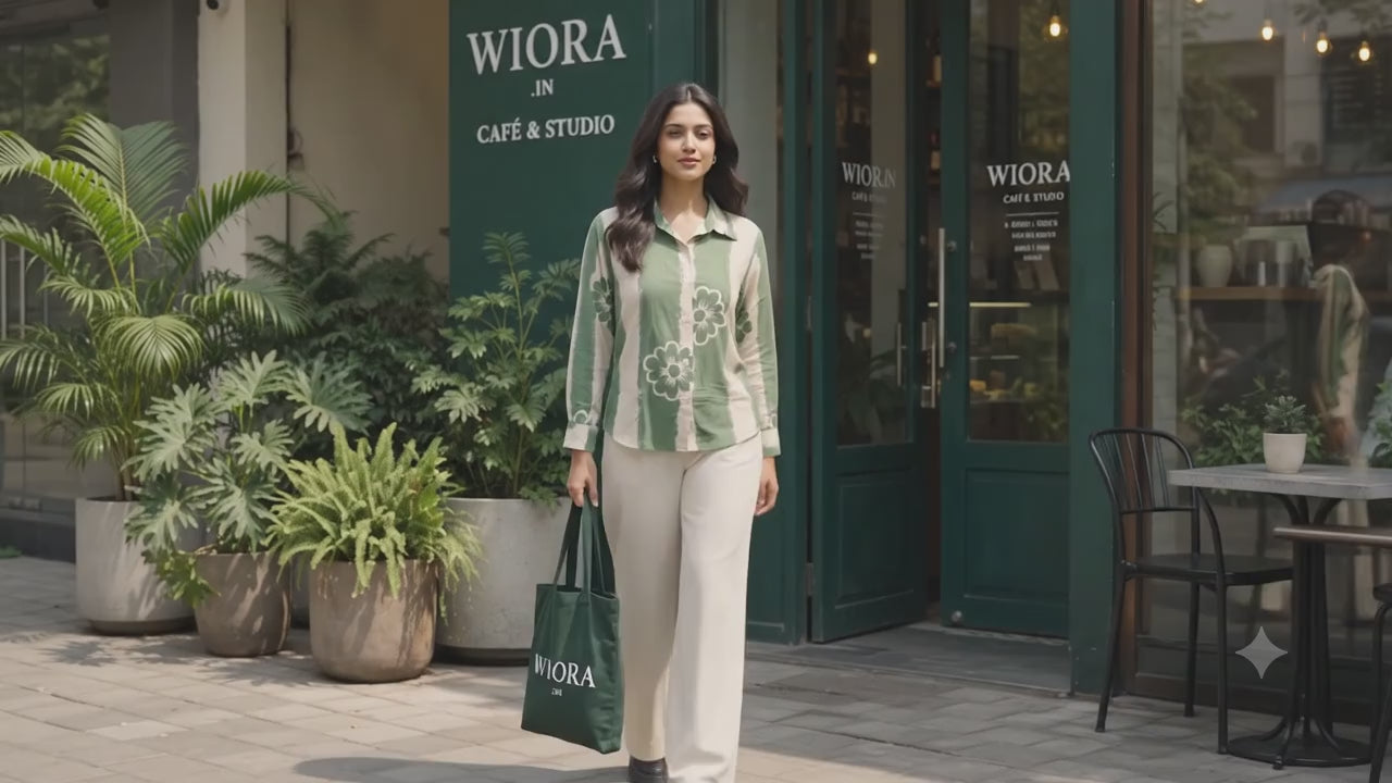 WIORA Women’s Green & Cream Floral Printed Shirt – Elegant Full Sleeve Button-Down Casual Shirt with Contrast Collar, Statement Floral Design & Stylish Everyday Look