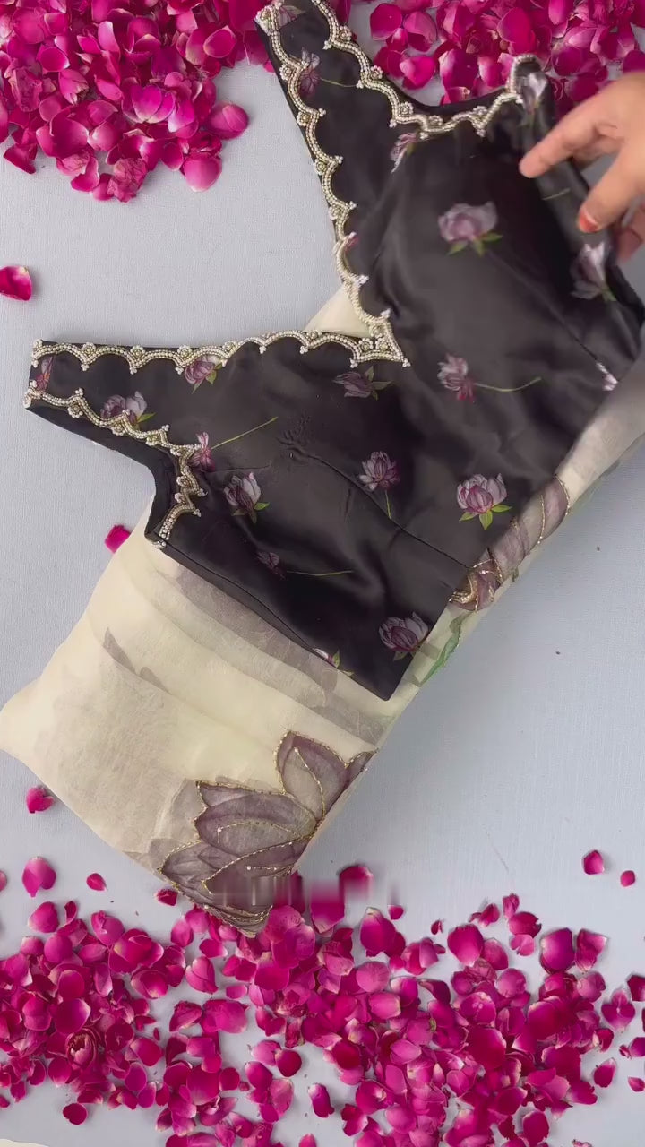 Smoke White Organza Silk Saree Artistic Floral Embroidery Work With Blouse