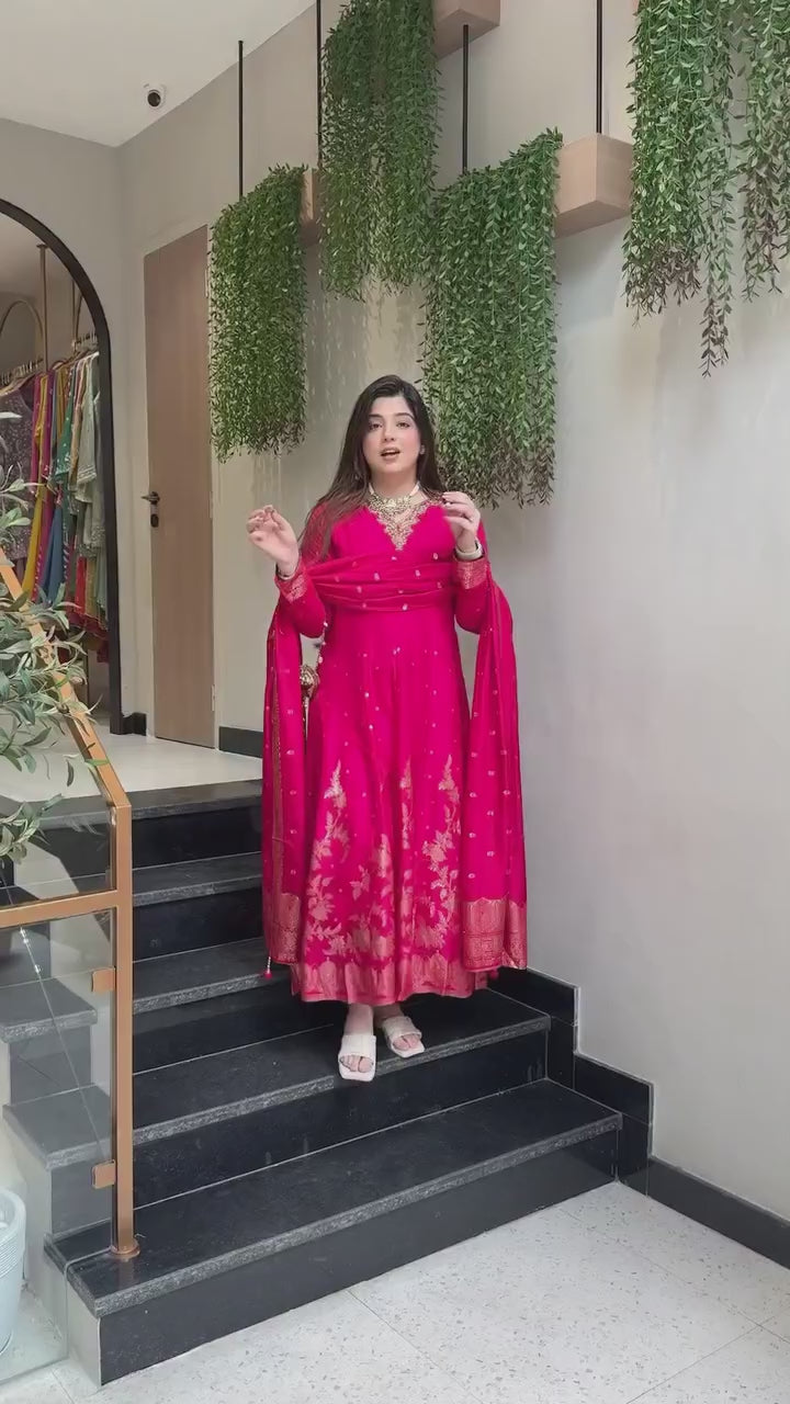 Wiora Festive Luxe Fuchsia Anarkali Suit Set in  Maslin Silk with Intricate Handwork & Banarasi Weaving